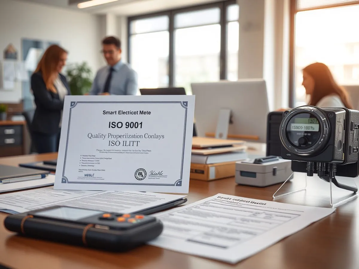 ISO 9001质量管理体系认证证书与电能表产品及质检文件摆放在桌面上
